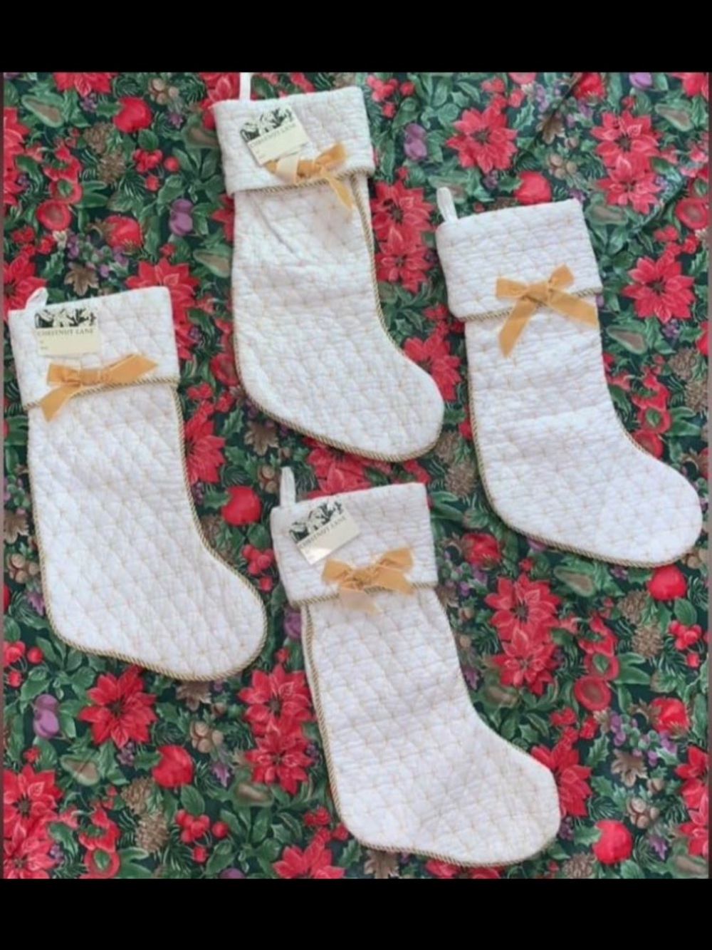 NWT Quilted Christmas Stockings with Gold Trim and Bows, set of 4